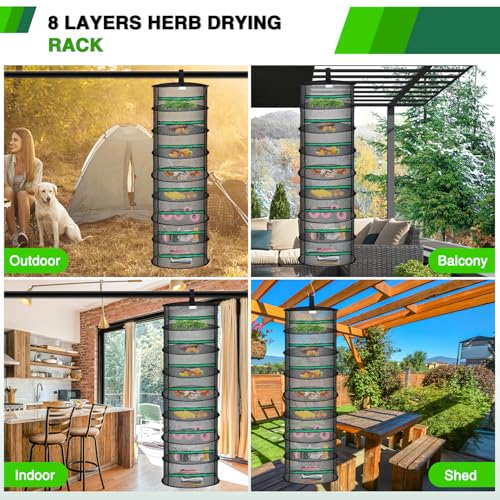 8 Layer Herb Drying Rack Hanging Mesh Net Foldable Plant Drying Racks 24" w Green Zipper Pruning Shears Hook Dryer Hanging Rack for Herbs Seed Bud Fruit Clothes Grow Tent Closets Garden Outdoor