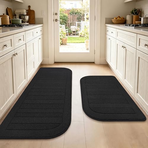 Kitchen Rugs Set of 2 Non Slip Washable 24"x36"+24"x60" (24" x 36" + 24" x 60" / Black)