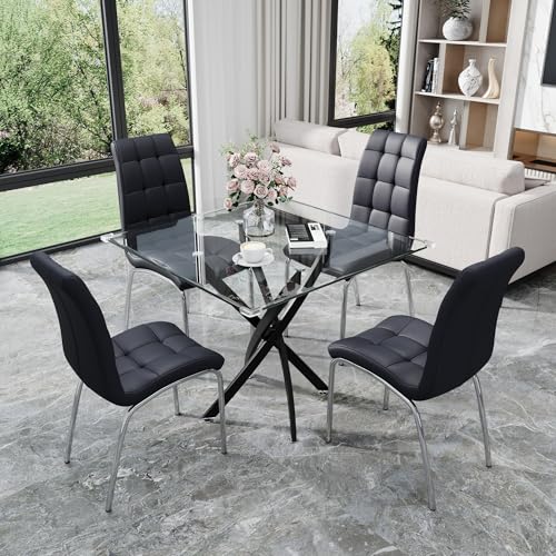 36” Square Glass Dining Table Set for 4 (Black Square Table/Black Pu Chairs / 5 Pieces)