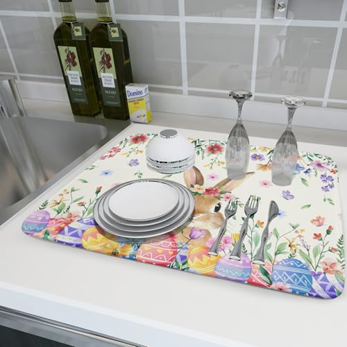 Easter Rabbit Dish Drying Mat Spring Flower Dish Drainer Rack Mats 18x24 inch Absorbent Microfiber Fast Dry Pad Kitchen Counter Accessories (Easter Rabbit Floral / 24" x 18")