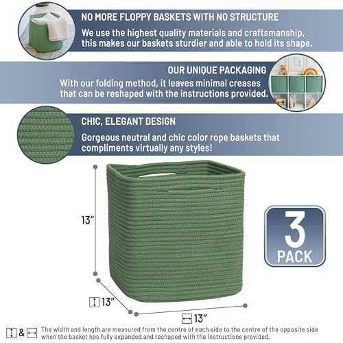 13 Inch Cube Storage Bins Cotton Rope Woven Baskets for Organizing 3 (Green / 13 x 13 x 13 (Standard))