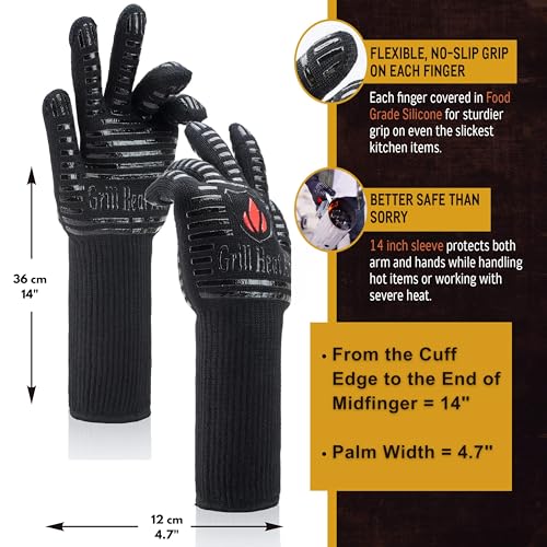 Grill Gloves Heat Proof for Men Grilling BBQ Heat Resistant Gloves (Full Black / Long Cuff - Medium Palm)