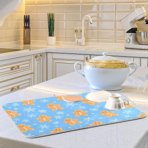 Snowflake Gingerbread Cookie Blue Dish Drying Mat for Kitchen Counter Absorbent Microfiber Drying Pad (16" x 16")
