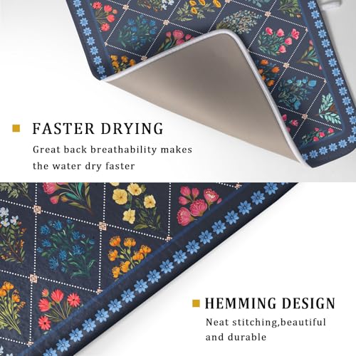 Machine Washable Dish Drying Mat for Kitchen Counter Blue Florals (Wildflowers Dark Blue / 24" x 18")