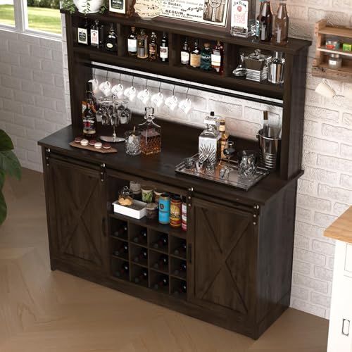 55” Farmhouse Coffee Bar with 4 Tier Storage Hutch (55.1Inch / Dark Oak)