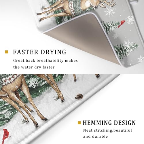 Winter Deer Dish Drying Mat Pine Tree Absorbent Dish Dry Pad Seasonal Microfiber Dish Drainer Mats for Kitchen Counter Coffee Bar 18x24 in (Deer Pine Tree / 18" x 18")