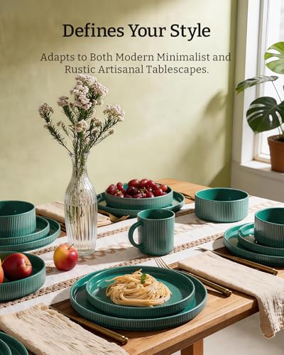Stoneware Dinnerware Set with Pasta Bowls (Sage Green / Service for 6 - Double Bowls)
