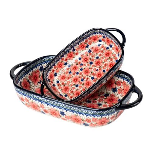 Baking Dish Ceramic Baking Pan Blue Casserole Dish Porcelain rectangular Baking Set 2pcs Bakeware Sets single serving size Lasagna Pan Baking Dishes for oven (Plum flower)