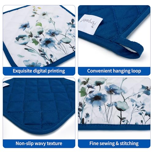 Blue Watercolor Flower Oven Mitts and Pot Holder Set (Blue Watercolor Flower / Oven Mitt x1 & Pot Holder x1)