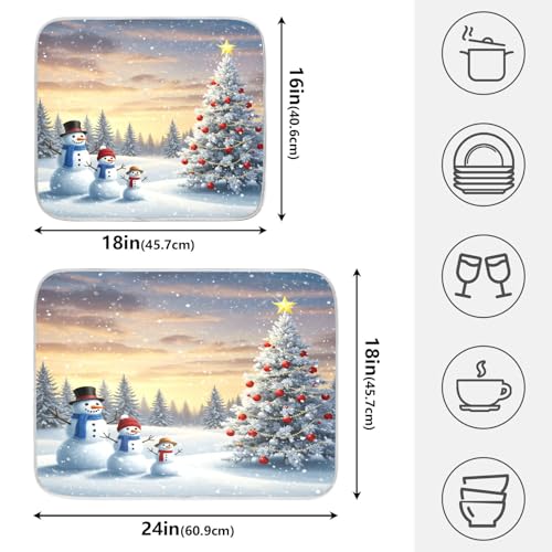 Christmas Tree and Snowman Dish Drying Mat for Kitchen Counter Absorbent Microfiber Small Winter Snowflakes Drying Pad Dish Mats for Kitchen Countertops 16 x 18 Inch (18" x 16")