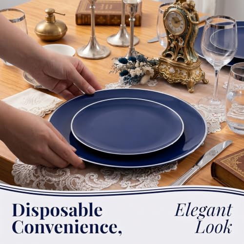 175Pcs Blue Plastic Plates with Silver Rim & Disposable Silverware with Blue Handle & Silver (Blue and Gold / 175)