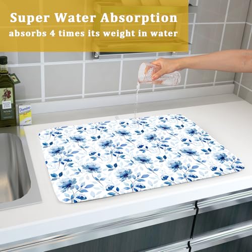 Blue Floral Dish Drying Mat 18x24 inch Flower Leaves Dish Rack Pad Microfiber Washable Dishes Drainer Pad Kitchen Countertop Accessories (Blue Floral / 18" x 24")