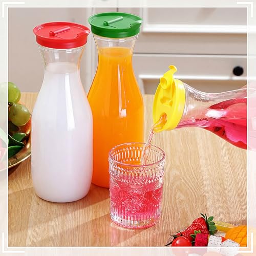24 Pcs Plastic Water Carafe with Lid 32 Oz Clear (Rainbow Color Cap)