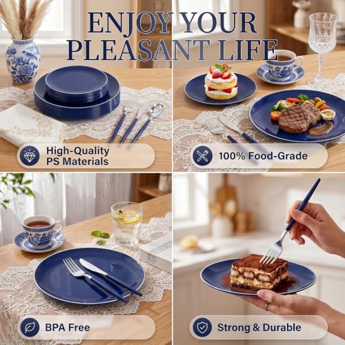 175Pcs Blue Plastic Plates with Silver Rim & Disposable Silverware with Blue Handle & Silver (Blue and Gold / 175)