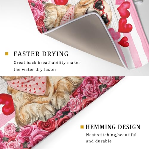Valentine's Day Dog Dish Drying Mat for Kitchen Counter 18x24 inch Heart Rose Absorbent Dish Drainer Rack Mats for Coffee Bar Countertop (Heart Rose Dog / 24" x 18")
