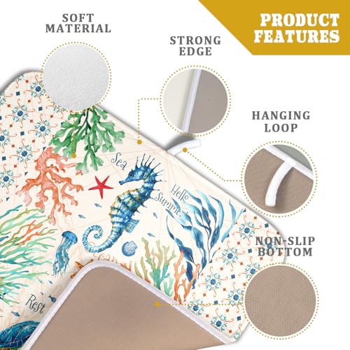 Nautical Coastal Dish Drying Mat Sea Turtle Seahorse Dish Drainer Pad 16"x18" Microfiber Reversible Fast Dry Pad for Kitchen Counter Decor (Coral Turtle / 16" x 18")