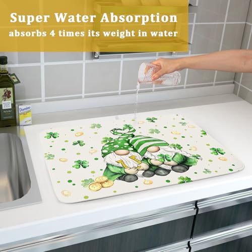 St Patrick's Day Gnome Dish Drying Mat 18x24 inch Lucky Shamrock Absorbent Reversible Dishes Drainer Rack Mat for Coffee Bar Kitchen Decor (Shamrock Gnome / 18" x 18")