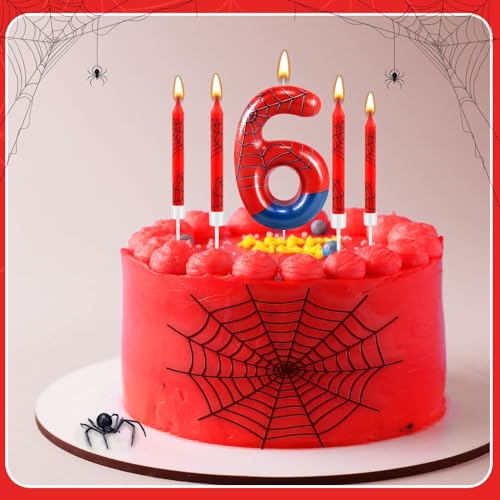 13 Pcs Spider Themed Birthday Candle Set Red Spider Theme Number 6 Candle Cake Topper for Boys Girls Birthday Decoration Spider Party Decoration Supplies (13 Count)