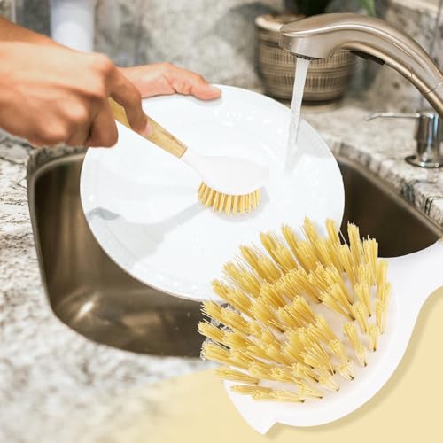 2 Pack Kitchen Scrub Brushes for Cleaning Dish Brush with Handle for Pans (Wooden Handle)