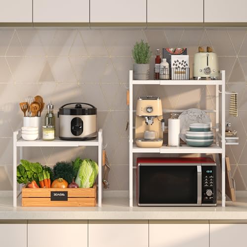 Expandable Microwave Stand Kitchen Countertop Organizer (White / 2 Tier (Without Spice Rack))