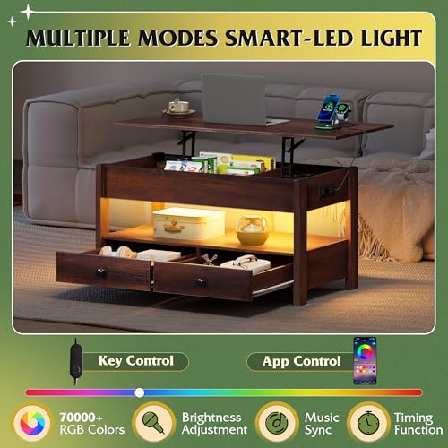 Lift Top Coffee Table with 2 Drawers Storage (Espresso+led / 39" With LED)