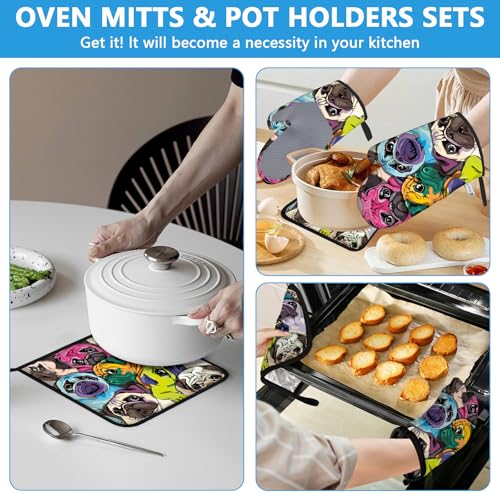 Colorful Pug Dog Face Oven Mitts and Pot Holders Sets Heat Resistant 4Pcs Potholders Oven Gloves Hot Pads for Kitchen Baking Cooking Grilling BBQ (Colorful Pug Dog Face)