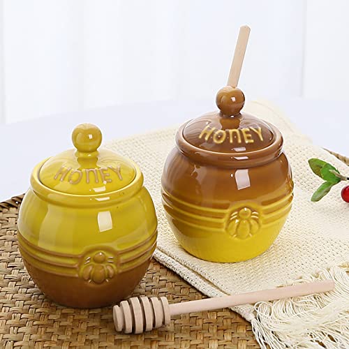 12oz Ceramic Honey Jar with Wooden Dipper Stick (Honey Jar-Yellow)