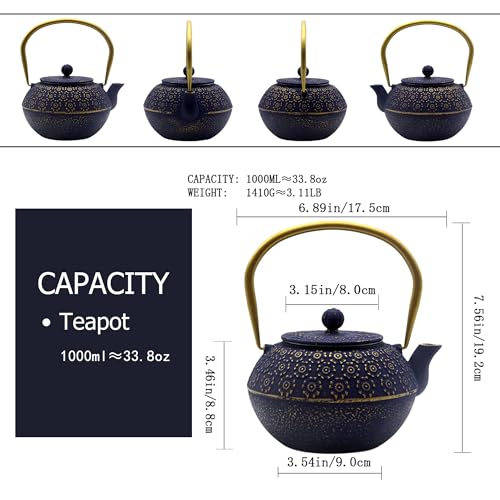 33.8oz Small Cast Iron Tea Kettle for Stovetop (Blue Cherry Blossom Pattern, 1000ml/34oz)