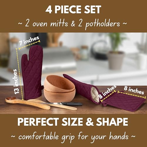 4 Piece Set 2 Oven Mitts & 2 Potholders (Burgundy Wine)