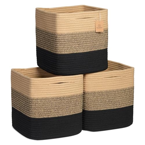 Storage Cubes 11 Inch Cotton Rope Woven Baskets for Organizing (3-Tone Black & Tan Brown)