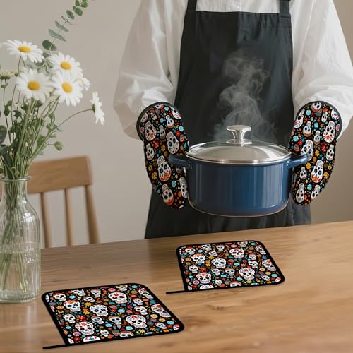 Day of The Dead Skull Mexican Oven Mitts and Pot Holders Set (4 Count)