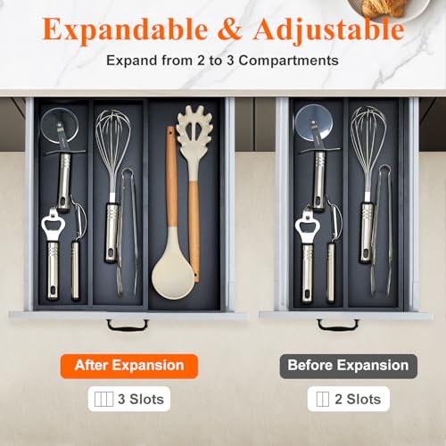 Expandable Black Bamboo Kitchen Utensils Drawer Organizer Silverware Tray ((8"-12.6")x 15.7" / Black)