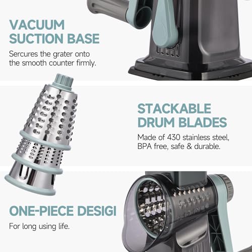 Rotary Cheese Grater with Handle Kitchen Shredder Slicer Grater Slicer Ice Shaver Cheese Vegetable Nuts Potato Zucchini Chocolate 3 Interchangeable Blades (9.06"L x 4.33"W x 9.07"H / Blue)