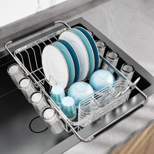 Dish Drying Rack Over the Sink (Silver / For 11.5"-30"W Sink, Metal Utensil Holder)