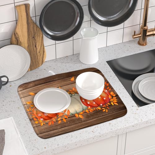 Autumn Pumpkin Dish Drying Mat Rustic Wood Dish Drainer Mats Fast Dry Microfiber Reversible Dish Drying Pad Kitchen Decoration 16x18 inch (Pumpkin Wood / 16 x 18 inch)