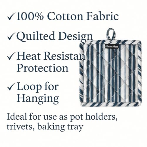 Double Stripe Pot Holders Heat Resistant Cotton Set of 3 Nonslip 8"x8" Inch Hot Pads for Kitchen (8x8 inches / Double Stripe Blue)