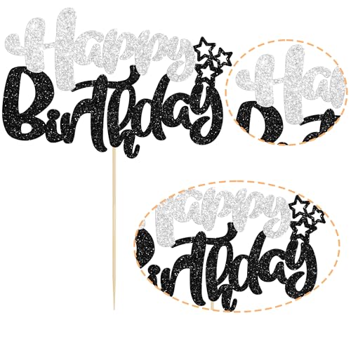 1Pcs Happy Birthday Cake Topper Glitter Cake Pick for Celebrating Anniversary Theme Party Cake Decorations Supplies Black and Silver (Style 2 / Black Silver)