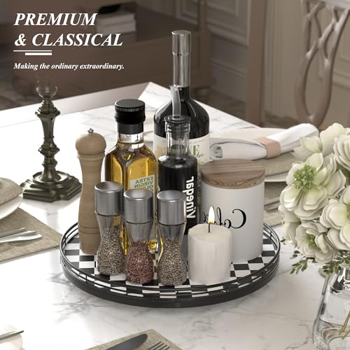 13 Inch Black and White Checkerboard Lazy Susan with Oak Wood Base (Black & White / 13 inches)
