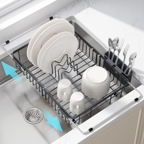 Gray Dish Drying Rack Over the Sink with Utensil Holder (Dark Gray / For 12.5"-30"w Sink, Expandable)