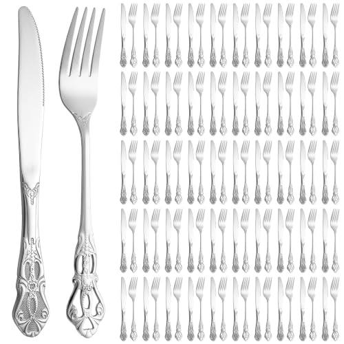 100 Pieces Retro Royal Stainless Steel Dinner Flatware Cutlery Set (8.98 Inches,8.07 Inches / Silver)