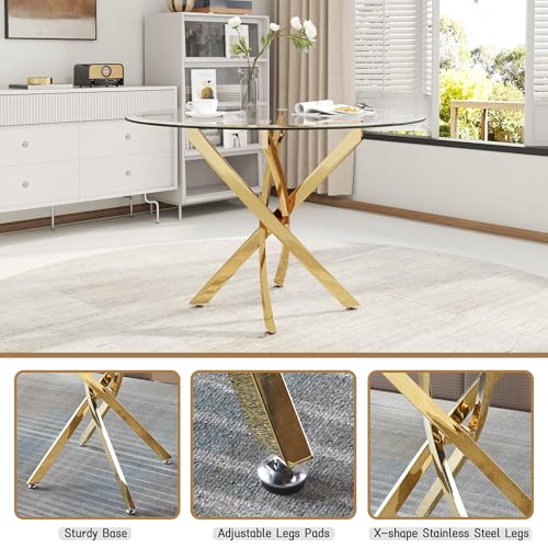 5 Piece Round Glass Dining Table Set (Round Table - 4 Gold White Chairs)