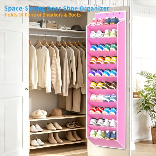 10 Tiers Large Size Over the Door Shoe Organizer Storage (Pink-10 cell)