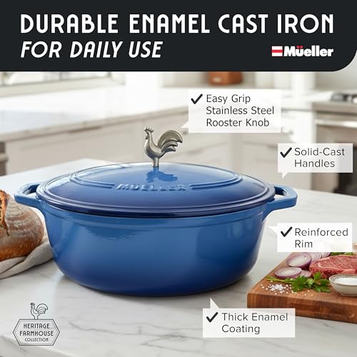 MUELLER HOME 5.5 Quart Enameled Cast Iron Oval Dutch Oven w Rooster Knob & Cotton Potholders (5.5 Quart -Oval / Aqua Blue)
