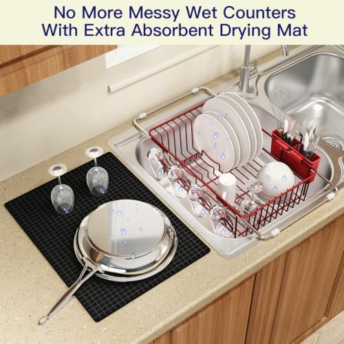 Red Expandable Dish Drying Rack Over Sink with Extra Drying Mat (Red / For 11.5"-16" W Sink with Cup Holder & Mat)