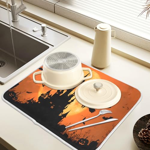 Halloween Witch Bat Castle Pumpkin Dish Drying Mat for Kitchen Counter Absorbent Microfiber Large Drying Pad Dish Mats for Kitchen Countertops 18 x 24 Inch (24" x 18")
