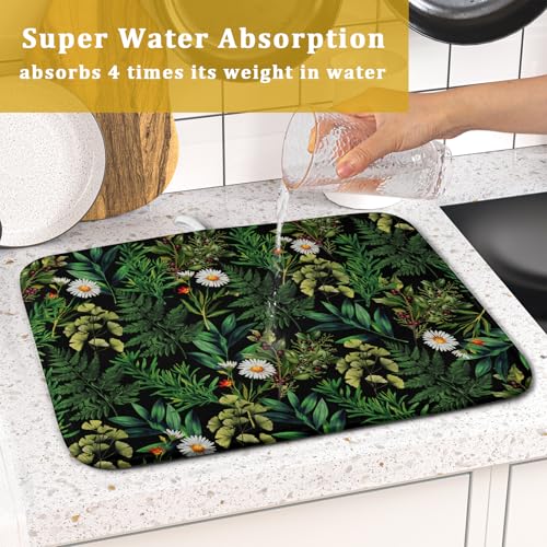 Green Botanical Dish Drying Mat 16x18 Inch Plant Leaf Fast Dry Dish Drainer Rack Mats Absorbent Microfiber Protector for Countertops Sinks (Green Botanical / 16" x 16")