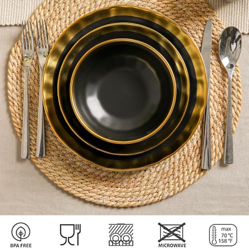 Ceramic Salad Bowls Set for Kitchen (Black with Golden)