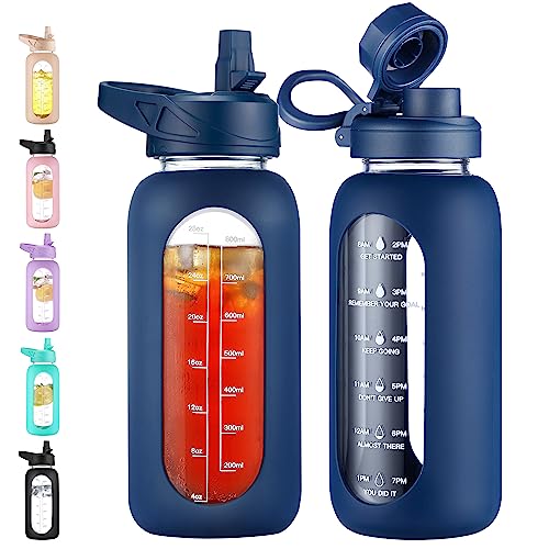32 oz Glass Water Bottle with Straw (.Navy / 32 Ounces)