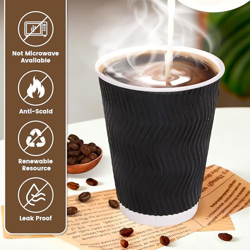 12 oz Disposable Paper Coffee Cups with Lids & Straws