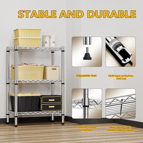 750 lbs 3 Tier Shelf Metal Storage Shelves Shelving Wire Rack Heavy Duty Closet Organizers for Garage Kitchen Bathroom Laundry Chrome 13.8" D x 23.6" W x 35.5" H (3 Tier 13.8" D x 23.6" W x 35.5" H / Chrome)